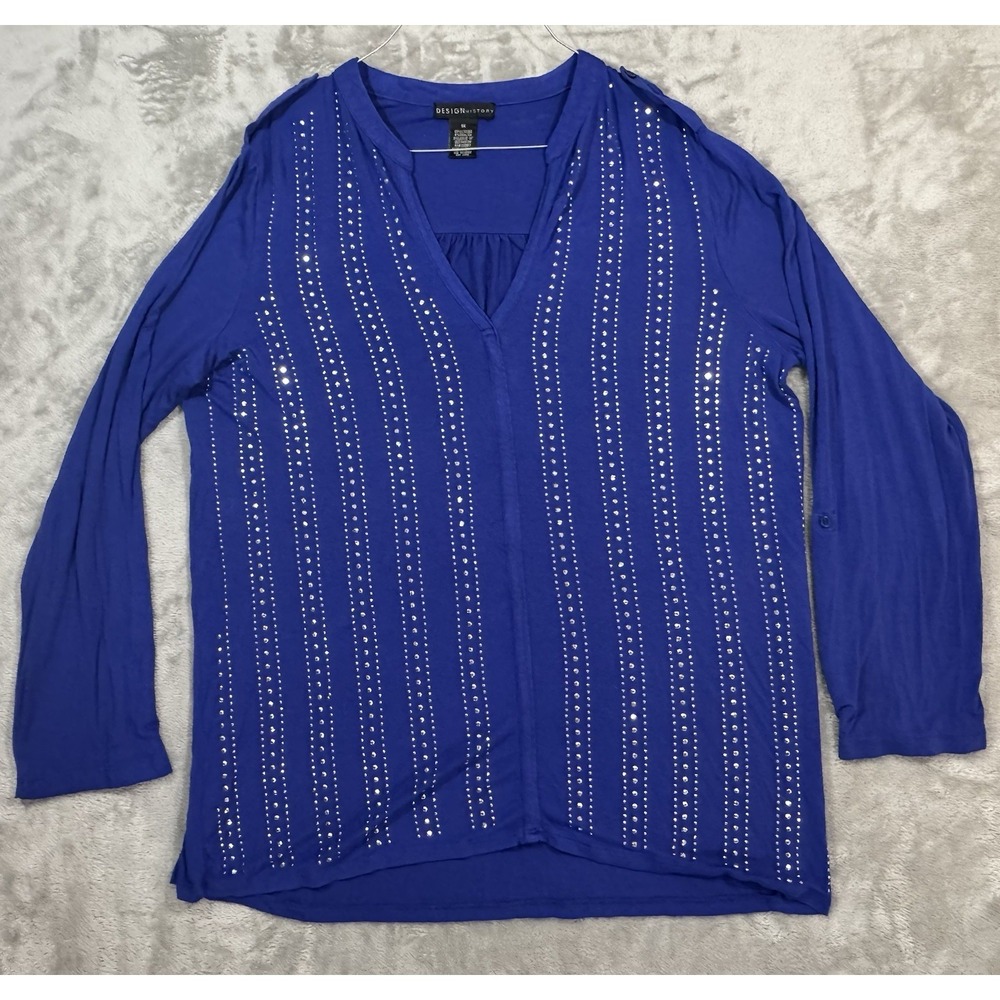Design History Shirt Womens Plus 1X Blue V Neck Rhinestone Striped Soft Stretch